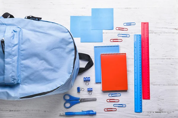 Composition Rucksack School Stationery Light Background Top View — Stock Photo, Image