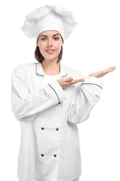 Giovane Chef Donna Sfondo Bianco — Foto Stock
