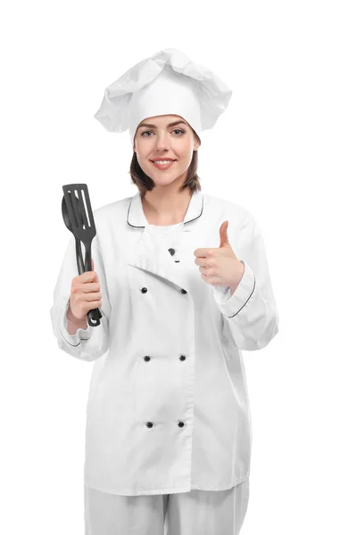Jonge Vrouwelijke Chef Kok Witte Achtergrond — Stockfoto