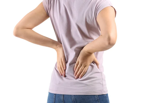 Junge Frau Leidet Unter Rückenschmerzen Auf Weißem Hintergrund — Stockfoto
