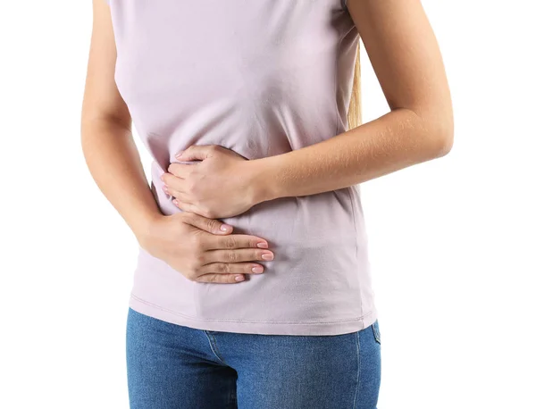 Young Woman Suffering Abdominal Pain White Background — Stock Photo, Image