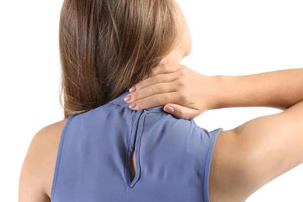 Young Woman Suffering Neck Pain White Background Closeup — Stock Photo, Image