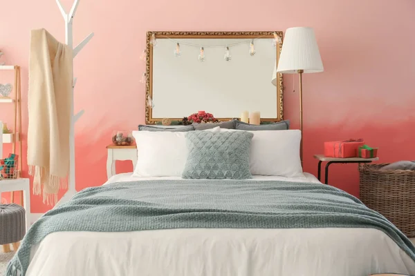 Interior Room Comfortable Bed Pink Wall — Stock Photo, Image