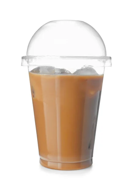 Plastic Beker Met Koude Koffie Witte Achtergrond — Stockfoto