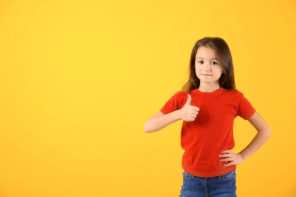 Cute Girl Shirt Showing Thumb Gesture Color Background — Stock Photo, Image