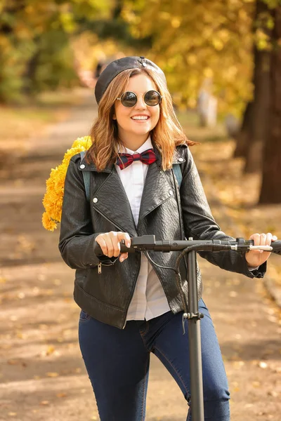 Beautiful Young Woman Scooter Autumn Park — Stock Photo, Image