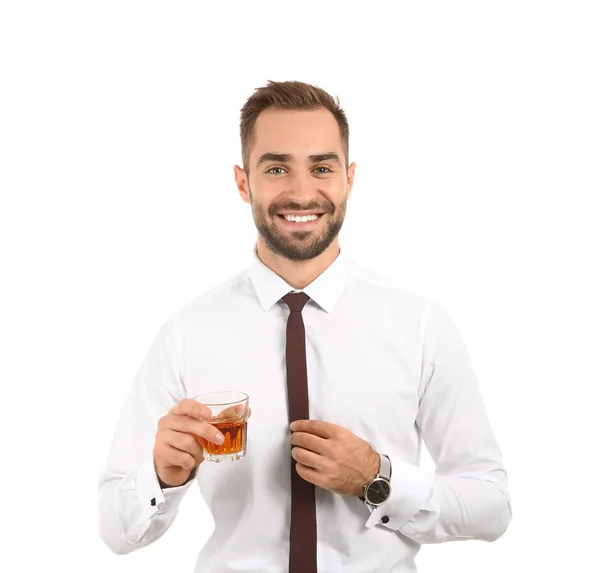 Bello Uomo Affari Con Bicchiere Whisky Sfondo Bianco — Foto Stock