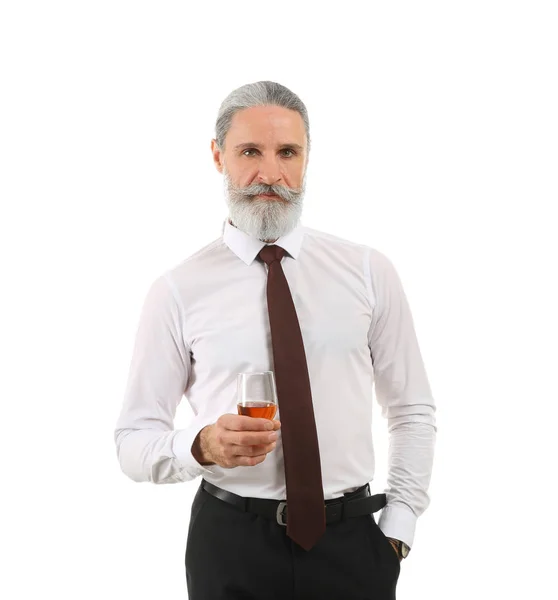 Elderly Businessman Glass Whiskey White Background — Stock Photo, Image