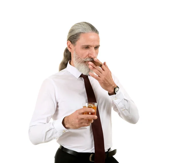 Elderly Businessman Glass Whiskey Cigar White Background — Stock Photo, Image