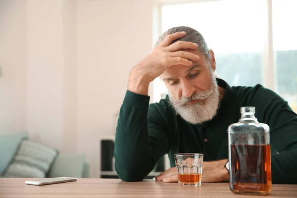 Depressed Senior Man Drinking Whiskey Home — Stock Photo, Image