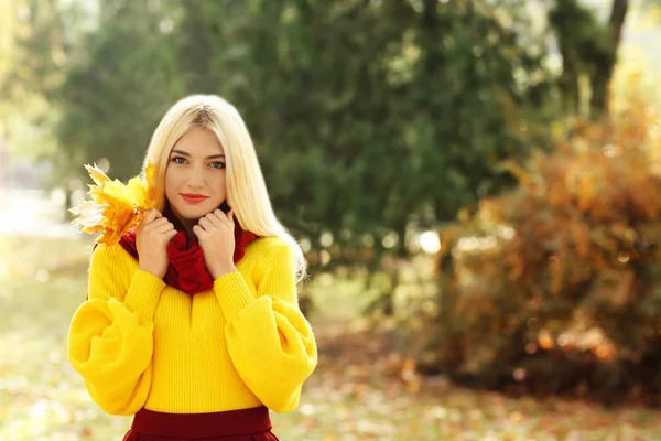 Beautiful Fashionable Woman Leaves Autumn Park — Stock Photo, Image