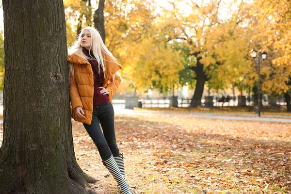 Schöne Modische Frau Herbst Park — Stockfoto