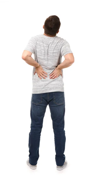 Hombre Que Sufre Dolor Espalda Sobre Fondo Blanco — Foto de Stock