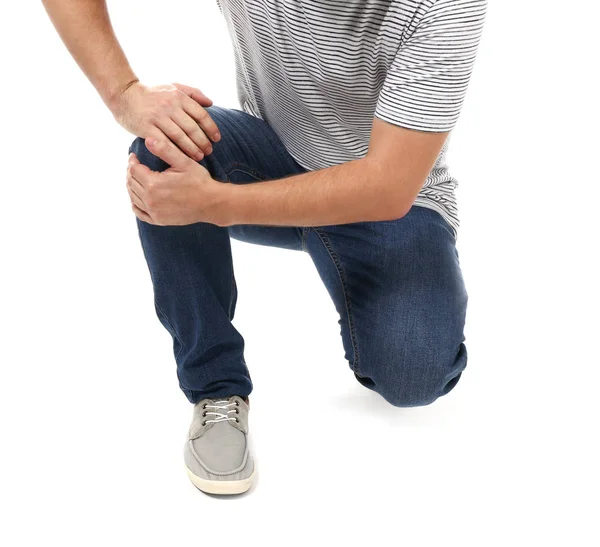 Man Suffering Pain Knee White Background — Stock Photo, Image