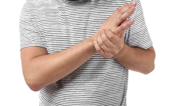 Man Suffering Pain Wrist White Background Closeup — Stock Photo, Image