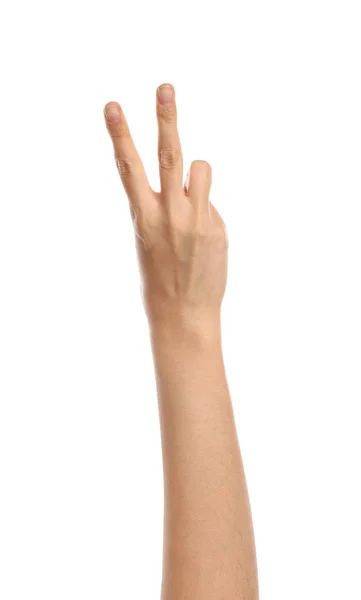 Kvinnlig Hand Visar Två Fingrar Vit Bakgrund — Stockfoto