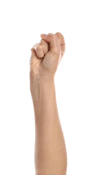 白い背景の上のくいしばられた握りこぶしを女性の手 — ストック写真
