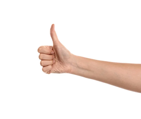 Жіноча Рука Показує Великий Палець Білому Тлі — стокове фото