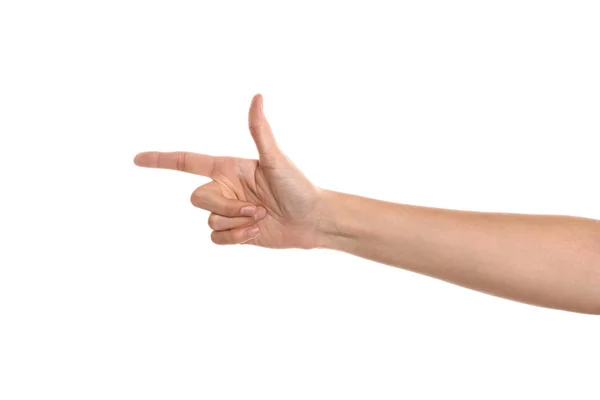 Vrouwelijke Hand Wijzend Iets Witte Achtergrond — Stockfoto