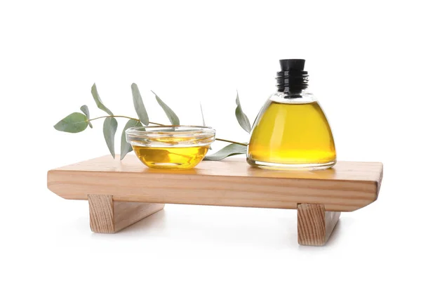 Bottle Bowl Eucalyptus Essential Oil White Background — Stock Photo, Image
