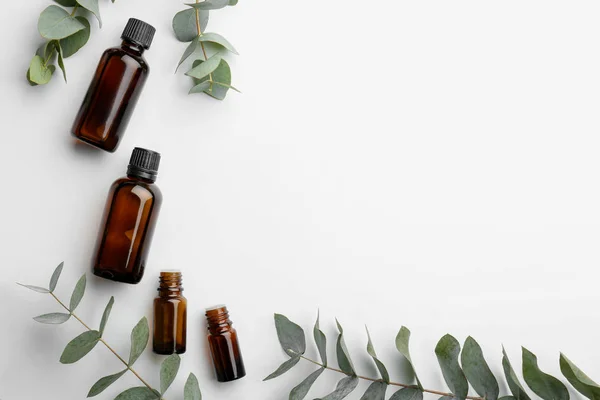 Bottles Eucalyptus Essential Oil White Background — Stock Photo, Image