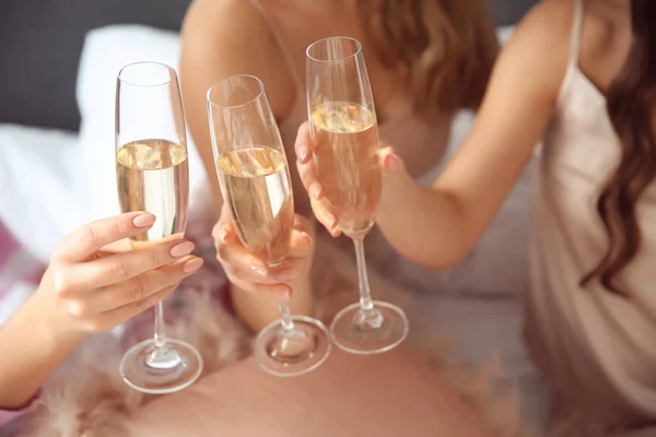 Beautiful Young Women Drinking Champagne Home — Stock Photo, Image