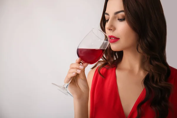 Beautiful Young Woman Glass Wine Light Background — Stock Photo, Image