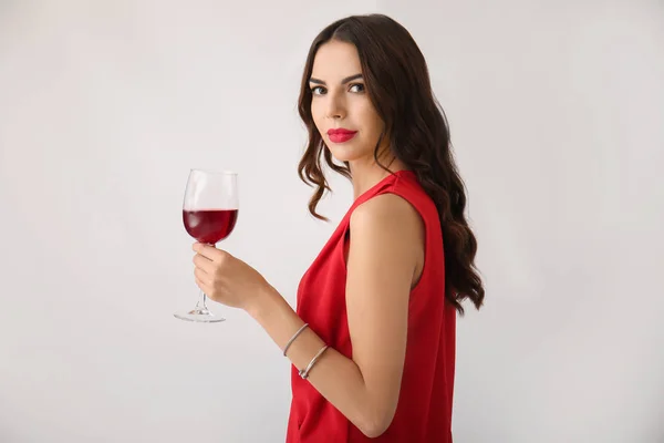 Beautiful Young Woman Glass Wine Light Background — Stock Photo, Image