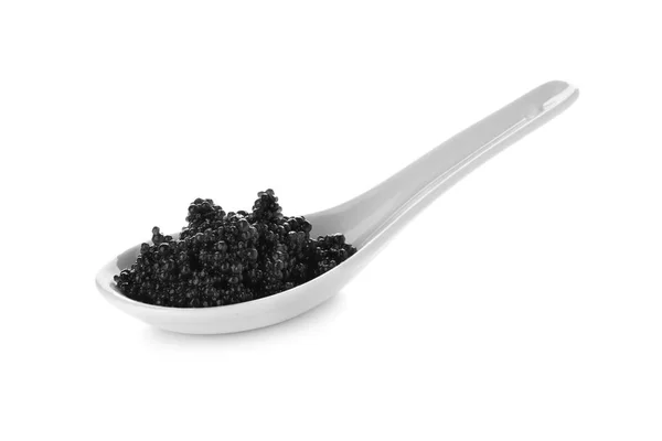 Cuillère Avec Délicieux Caviar Noir Sur Fond Blanc — Photo