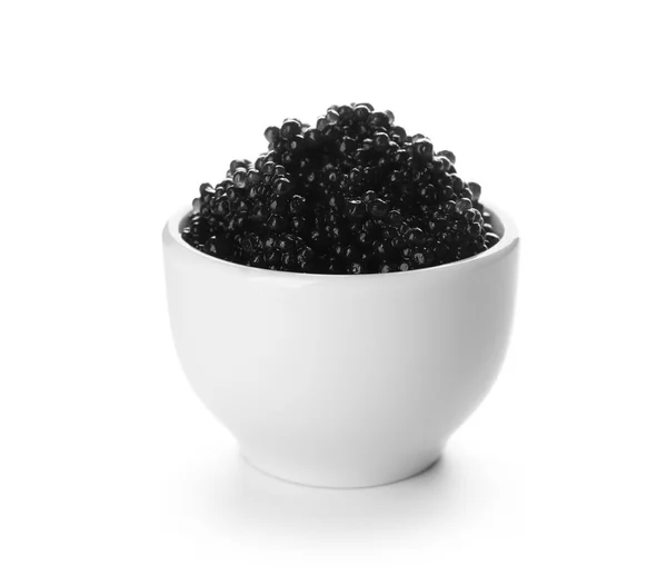 Bol Avec Délicieux Caviar Noir Sur Fond Blanc — Photo