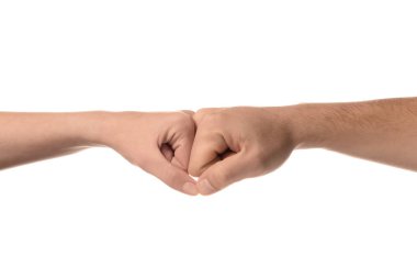 Man and woman making fist bump gesture on white background clipart