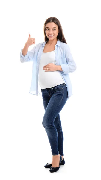 Piękne Kobiety Ciąży Wyświetlono Gest Kciuk Białym Tle — Zdjęcie stockowe