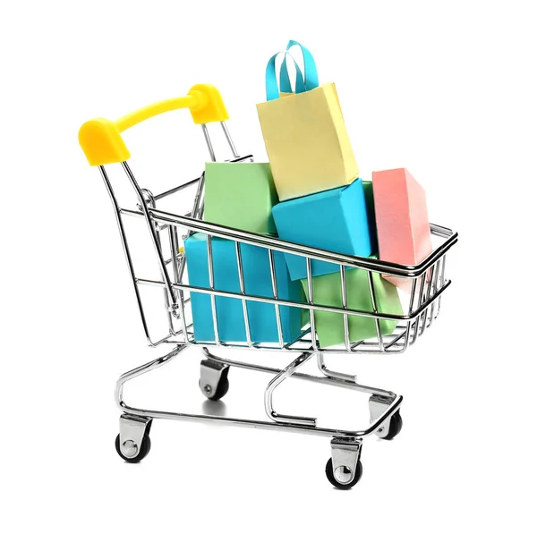 Shopping Cart Small Bags Boxes White Background — Stock Photo, Image