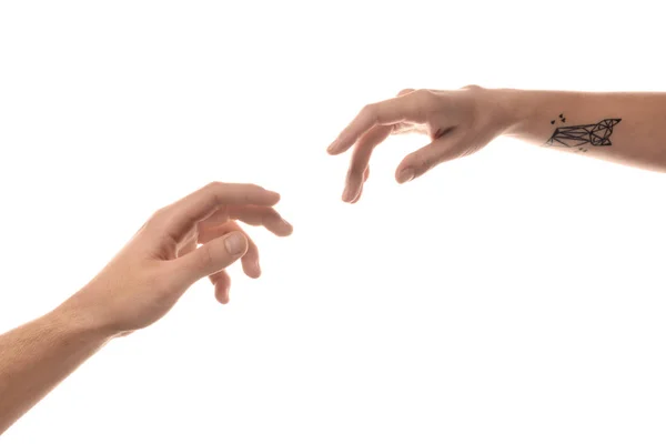男性と女性の手でお互いに手を差し伸べるホワイト バック グラウンド — ストック写真