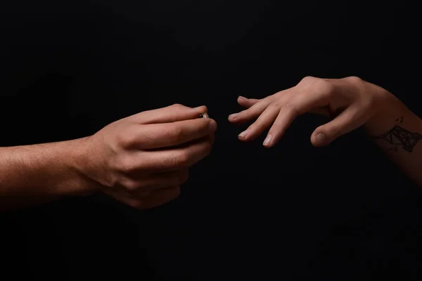 Man Putting Engagement Ring Fiancee Finger Dark Background — Stock Photo, Image