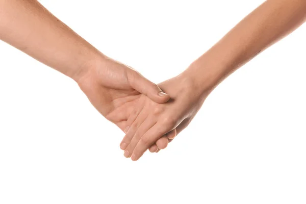 Άνδρας Και Γυναίκα Κρατώντας Χέρια Λευκό Φόντο — Φωτογραφία Αρχείου