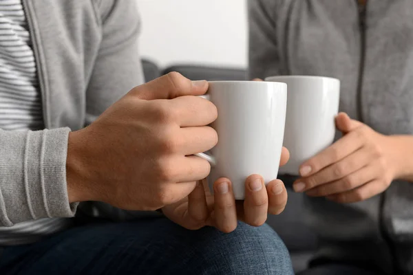 Young Couple Cups Tea Closeup — Stock Photo, Image
