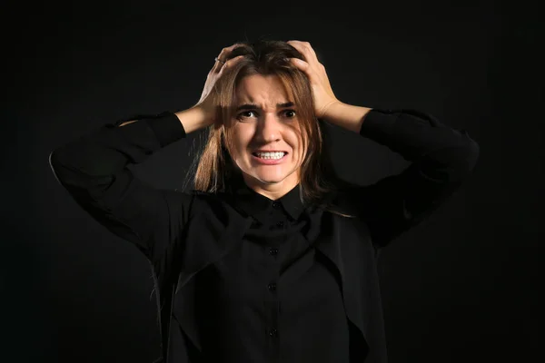 Portrait Stressed Young Woman Dark Background — Stock Photo, Image