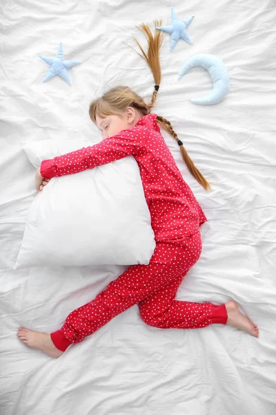 Cute Little Girl Sleeping Bed Top View — Stock Photo, Image