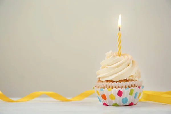 Delicious Birthday Cupcake Burning Candle White Wooden Table — Stock Photo, Image