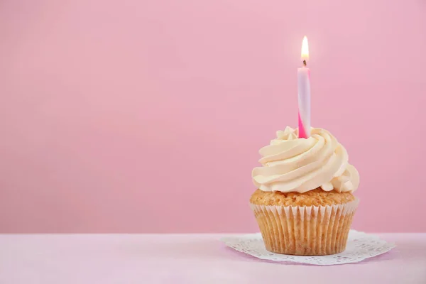 Delicious Birthday Cupcake Burning Candle Color Table — Stock Photo, Image