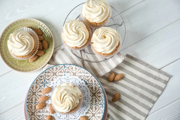 Composition Delicious Cupcakes White Wooden Table — Stock Photo, Image