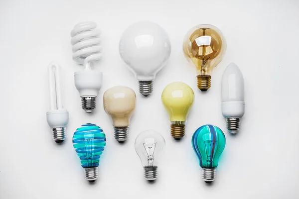 Composition Different Light Bulbs White Background — Stock Photo, Image