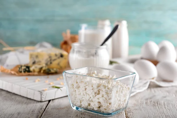 Glass Bowl Tasty Cottage Cheese Wooden Table — Stock Photo, Image