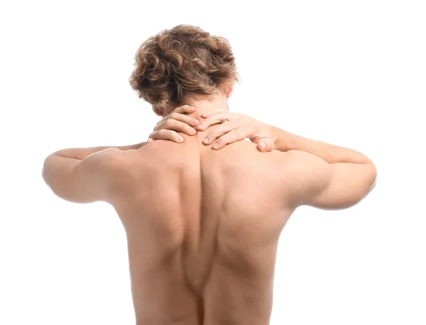 Young Man Suffering Neck Pain White Background — Stock Photo, Image
