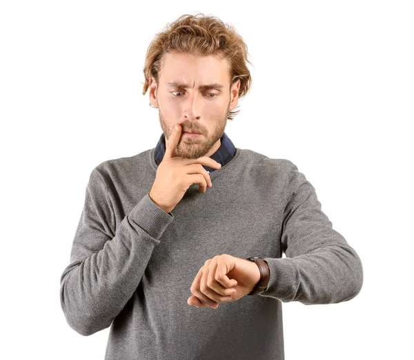 Stressed Man Looking His Watch White Background — Stock Photo, Image