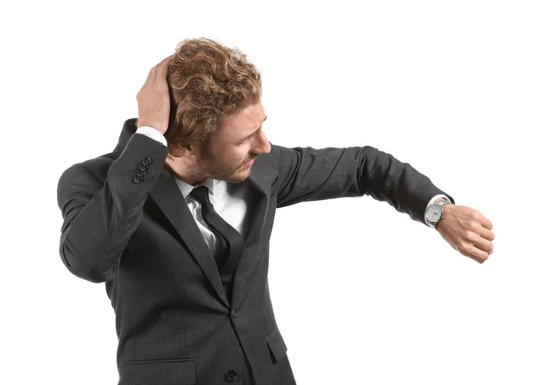 Hombre Negocios Estresado Mirando Reloj Sobre Fondo Blanco — Foto de Stock