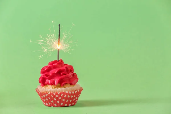 Tasty Cupcake Sparkler Color Background — Stock Photo, Image