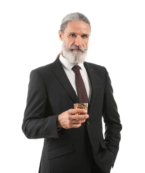 Anciano Hombre Negocios Con Vaso Whisky Sobre Fondo Blanco — Foto de Stock