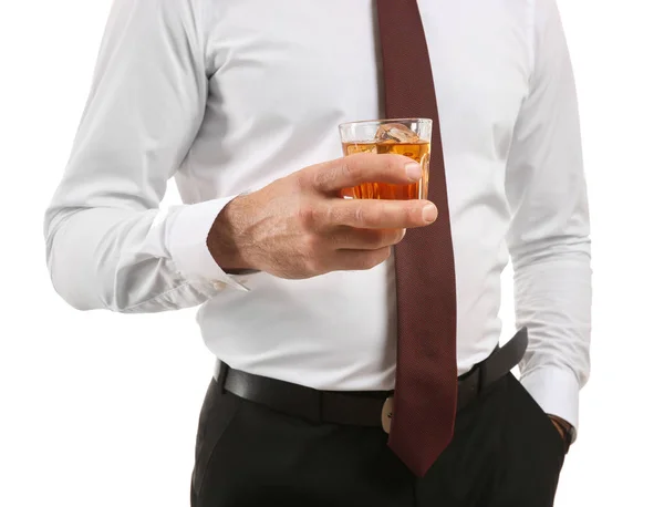 Affärsman Med Glas Whiskey Vit Bakgrund Närbild — Stockfoto